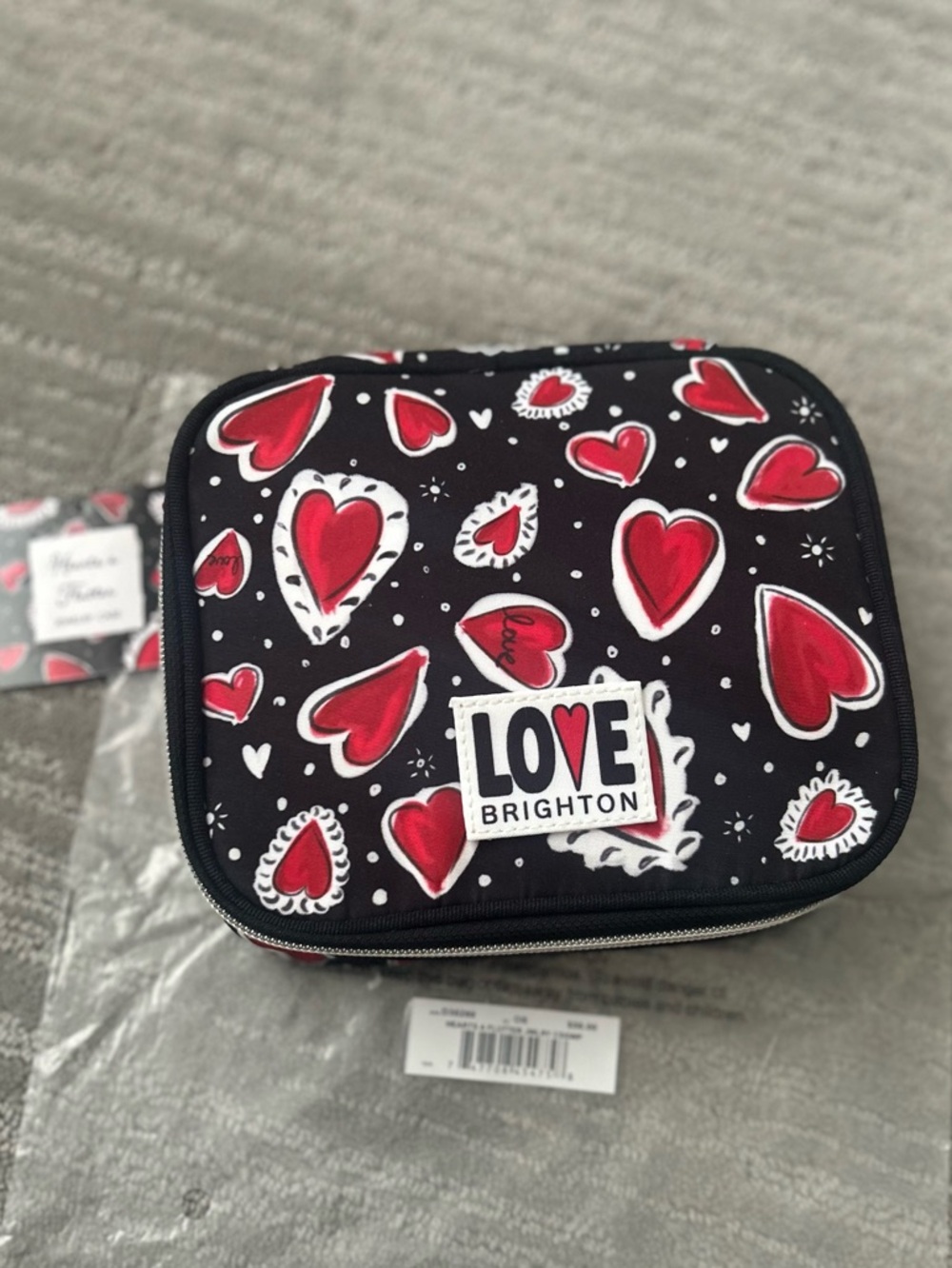 NWT Brighton Black Jewelry Travel Case with Red Heart Pattern